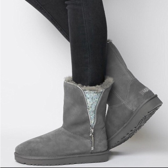 UGG Shoes - UGG Swarovski Crystal Zip Gray Sheepskin Boots Women 8 Winter